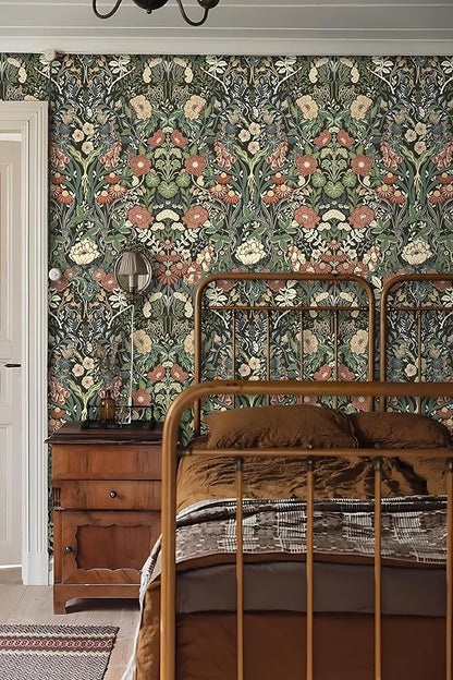 Vintage Wallpaper Peel and Stick Floral Wall Paper Removable Waterproof Green/Black/Yellow Contact Paper for Bedroom, Bathroom, Home Wall 17.3" x 118"