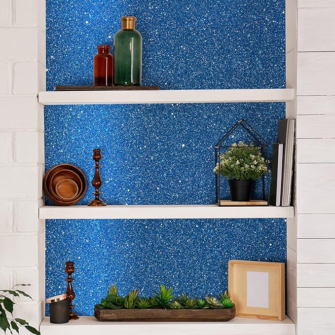 CHIHUT Sparkle Blue Glitter Wallpaper Stick and Peel 15.7''x100'' Self Adhesive Blue Glitter Contact Paper for Walls Removable Fabric Glitter Wallpaper Vinyl Roll for Table Gift Drawers Art Crafts