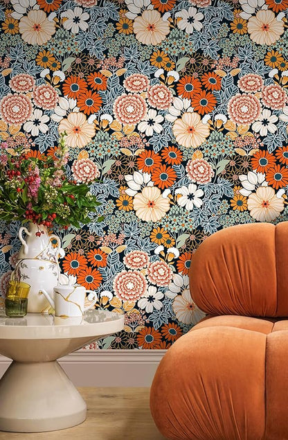 Floral Wallpaper Peel and Stick Boho Wall Paper Removable Waterproof Orange/Green/Red Contact Paper for Bedroom, Bathroom, Home Wall 17.3" x 118"