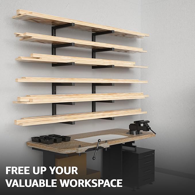 YYR Wood Organizer and Lumber Storage Rack Wall Mount, Heavy Duty Metal Shelf with 6-Level Holds Up 1200 LBS, Indoor & Outdoor Use - Black