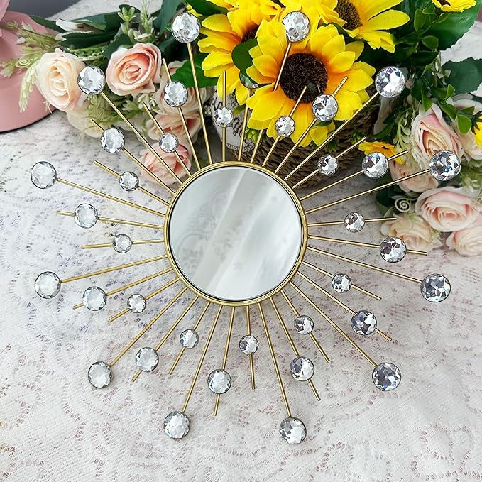 Uaussi 3 Pack Crystal Sunburst Wall Mirror Décor Rhinestone Mirrors Decorative Home Wall Art for Living Room Bedroom Entryway(Crystals Gold)