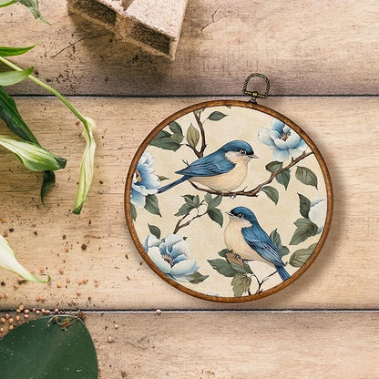 KSDUT Bird Wall Art Decor - Chinoiserie Neutral Mid Century Modern Wall Art Canvas Frame Hanging Prints, Vintage Landscape Round Wall Art Decor for Home Decorations 10"x10"