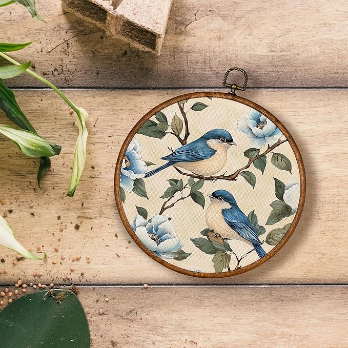 KSDUT Bird Wall Art Decor - Chinoiserie Neutral Mid Century Modern Wall Art Canvas Frame Hanging Prints, Vintage Landscape Round Wall Art Decor for Home Decorations 10