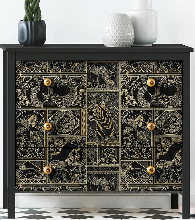 Erfoni Black and Gold Wallpaper Vintage Peel and Stick Wallpaper Special Animals Pattern Contact Paper Stick and Peel Self Adhesive Removable Wall Paper for Countertop Cabinets Covering 78.7"x17.7"
