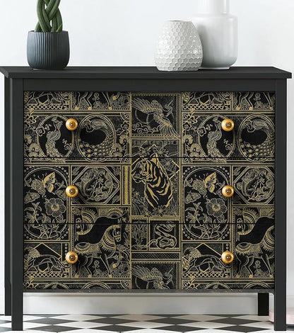 Erfoni Black and Gold Wallpaper Vintage Peel and Stick Wallpaper Special Animals Pattern Contact Paper Stick and Peel Self Adhesive Removable Wall Paper for Countertop Cabinets Covering 78.7"x17.7"