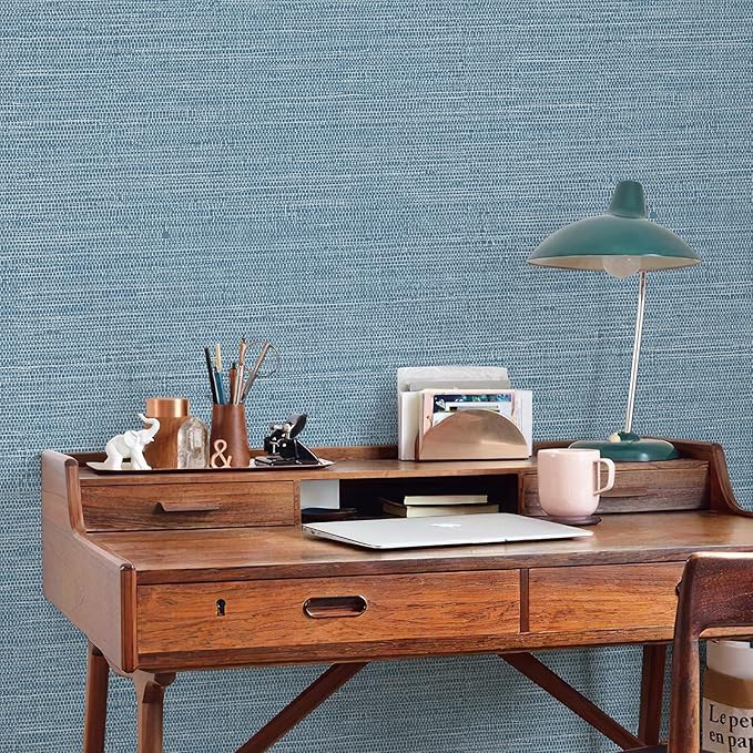 JiffDiff Grasscloth Wallpaper Peel and Stick Blue Grassweave Stick on Wallpaper Textured Self Adhesive Wall Paper Contact Paper 787