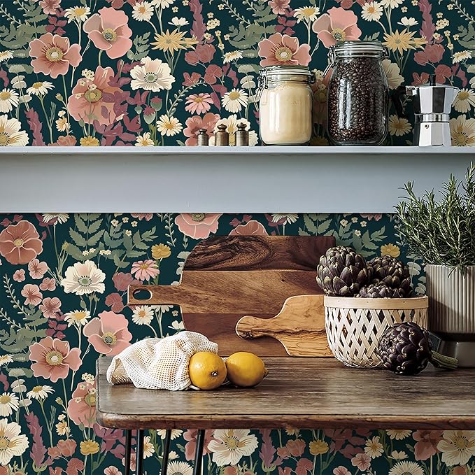 EchoSphere 16.9 inx118 in Floral Peel and Stick Wallpaper Boho Vintage Floral Wall Paper Removable Flower and Leaf Contact Paper Self Adhesive Decorative Wallpaper for Cabinets Accent Wall Covering
