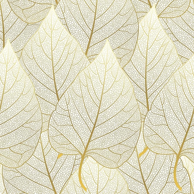 VaryStyle 17.7"x393" Luxury Gold and White Wallpaper Gold Leaf Peel and Stick Wallpaper Floral Decorative Golden Contact Paper Removable Renter Friendly Leaves Wall Paper for Bedroom Furniture Shelf