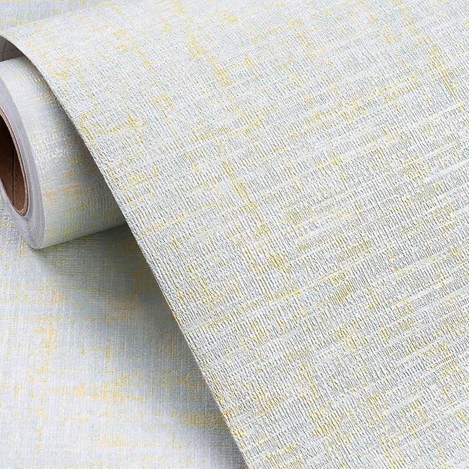 FunStick 24"x200" Blue and Gold Grasscloth Peel and Stick Wallpaper Textured Blue Wall Paper Peel and Stick Modern Bedroom Wall Decor Self Adhesive Vinyl Contact Paper for Kitchen Cabinets Shelves