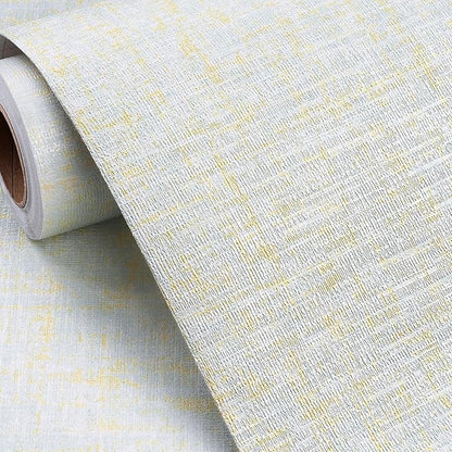 FunStick 24"x200" Blue and Gold Grasscloth Peel and Stick Wallpaper Textured Blue Wall Paper Peel and Stick Modern Bedroom Wall Decor Self Adhesive Vinyl Contact Paper for Kitchen Cabinets Shelves
