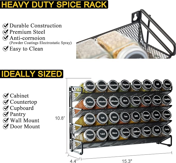 SpaceAid Spice Rack Organizer with 32 Spice Jars, 386 Spice Labels, Chalk Marker and Funnel Set for Cabinet, Countertop, Pantry, Cupboard or Door & Wall Mount - 32 Jars, 15.3