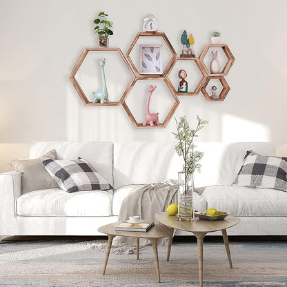 WONFUlity Hexagon Floating Shelves Honeycomb Wall Mounted Wood Farmhouse Storage for Bathroom, Kitchen, Bedroom, Living Room - Driftwood Finish, Light Brown
