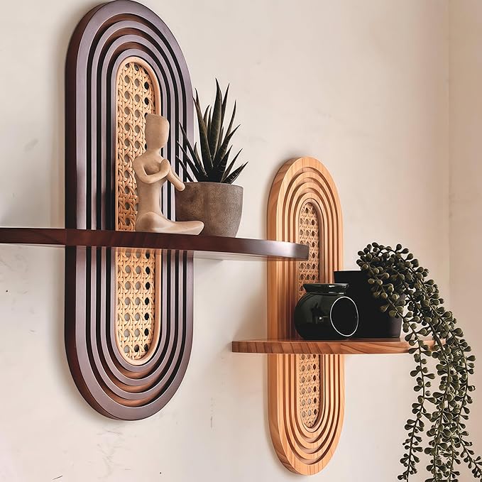 1pc Mid-Century Modern Wall Shelf - Arched Wood & Woven PE Rattan Boho Decorative Floating Shelf, Vintage Aesthetic Decor for Living Room, Bedroom, Kitchen & Home Office (Walnut)