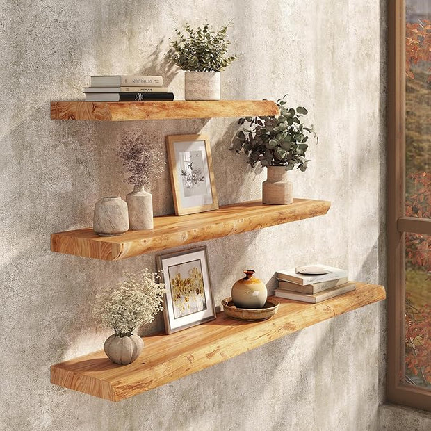 Live Edge Floating Shelf 55 Inch Extra Long | Solid Rustic Elm Wood with Invisible Brackets | Wall Mounted Shelf for Living Room, Kitchen, Bathroom | Natural