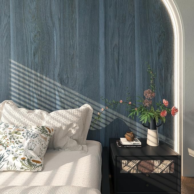 BOMENG Blue Wood Grain Contact Paper Peacock Wallpaper Peel and Stick 48x197inch Extra Wide Wall Paper with Air Guide Slot Design Waterproof for Cabinets Desk Walls Dresser Cover Top Kitchen Cabinet