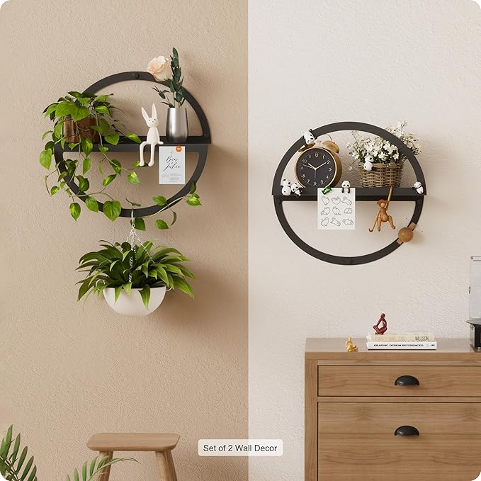 Round Floating Shelves for Wall, Modern Circular Mounted Corner Displays in Black Metal for Living Room, Bedroom & Bathroom – Unique Hanging Decor & Storage, Set of 2