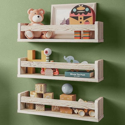 NATURE SUPPLIES Set of 3, 16.4 inch Nursery Book Shelves Made of Solid Wood for Books, Toys, Decor, Wall Kids Bookshelf, Floating Shelf, Ideal Storage for Nursery or Playroom Organization,Whitewashed