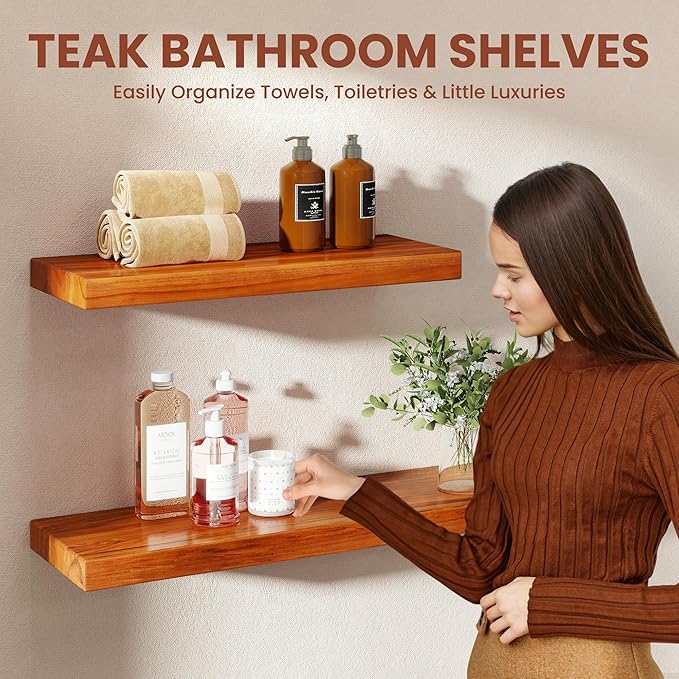 55 Inch Solid Wood Floating Shelf - 100% Solid Teak Wood Wall Shelf with Invisible Brackets - Waterproof Natural Wood Shelves for Bathroom, Kitchen, Balcony - Heavy Duty Floating Wall Decor