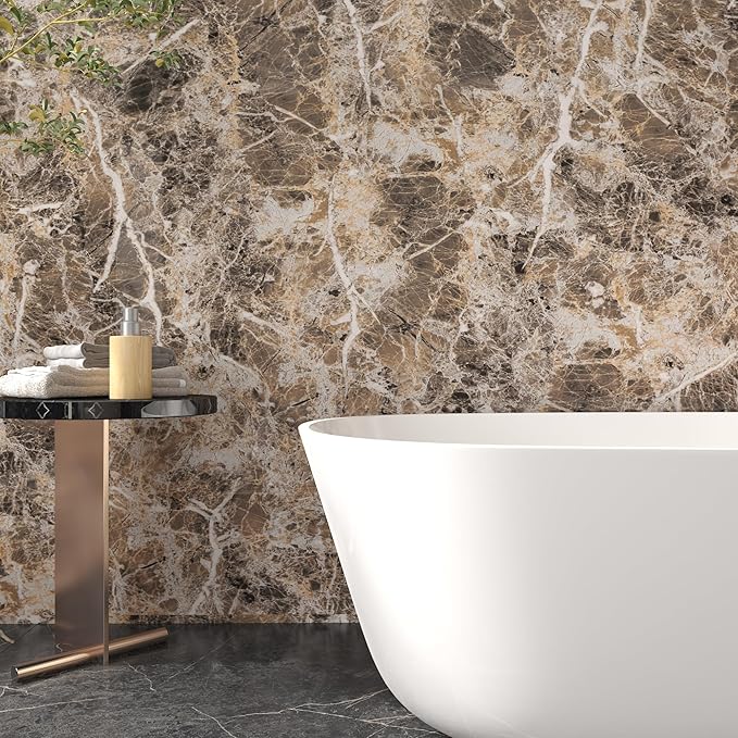 JSEVEM 31"×354" Extra Wide Thick Brown White Marble Wallpaper Peel and Stick Waterproof Brown Marble Contact Paper Vinyl DIY Faux Self Adhesive Granite Tile Stickers for Bedroom Office Bathroom Walls