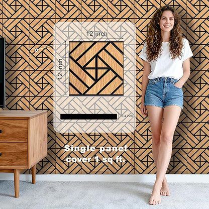WoveN SounD Artisan Acoustic Wall Panels, 16 Pack 12x12 Inch, Wood Veneer Carved Sound Proof Wall Decor, Self-Adhesive for Home, Studio, Office & Focus Zones, Grid Weave, Natural Oak
