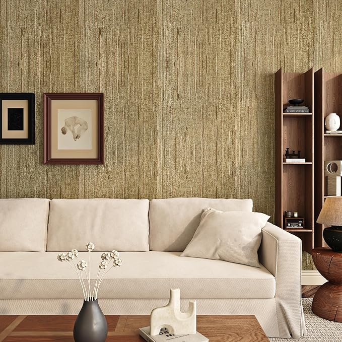 FunStick Brown Gold Grasscloth Peel and Stick Wallpaper Textured Grass Cloth Wall Paper Peel and Stick for Bathroom Bedroom Kitchen Vintage Gold Contact Paper for Cabinets Walls Waterproof 12"x200"