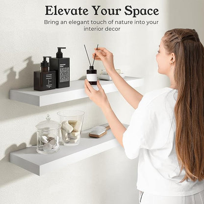 Floating Shelves for Wall, 9.3" Deep Wall Mounted Wood Shelves for Bathroom, Bedroom (White, 48)