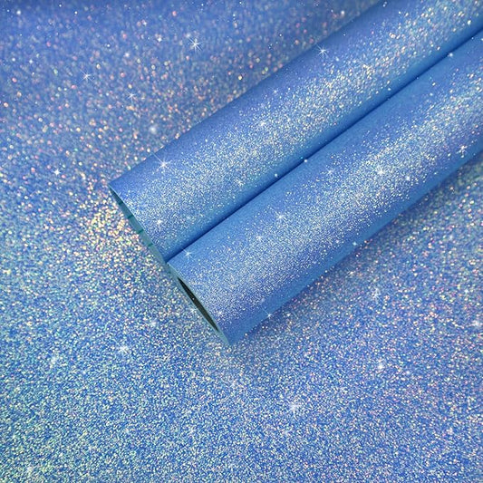 CHIHUT Holographic Blue Glitter Wallpaper 15.7''x100'' Sparkly Iridescent Shimmer Contact Paper Self Adhesive Removable Fabric Wallpaper for Bedroom Walls Dressers DIY Decor Vinyl Glitter Wrap