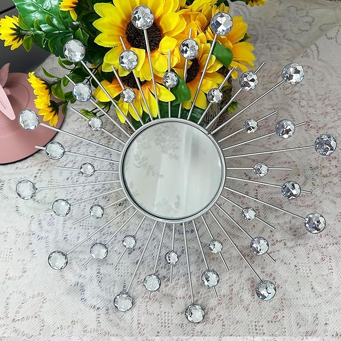 Uaussi 3 Pack Crystal Sunburst Wall Mirror Décor Rhinestone Mirrors Decorative Home Wall Art for Living Room Bedroom Entryway(Crystals Silver)