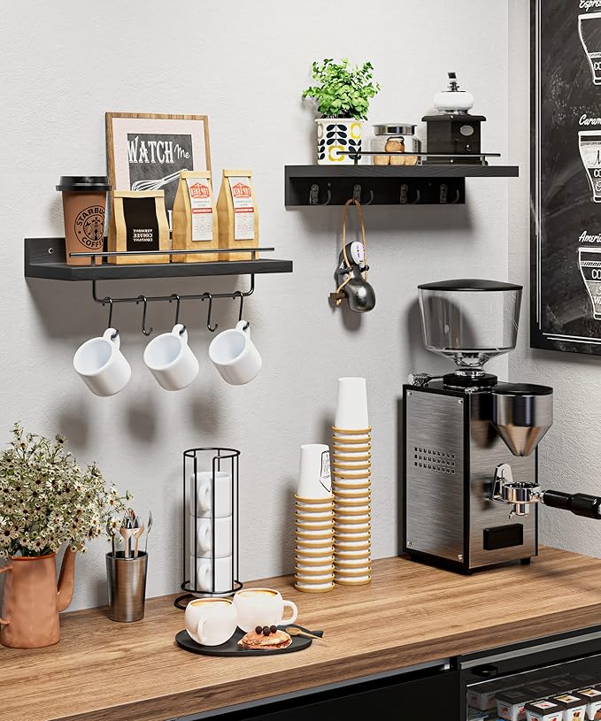 Wood Floating Shelves with Metal Hooks, Wall Mounted Coat Rack with Shelf Set of 2, Bathroom Wall Shelf with Removable Towel Bar, Hanging Shelves with 9 Hooks for Kitchen Entryway Coffee Bar, Black