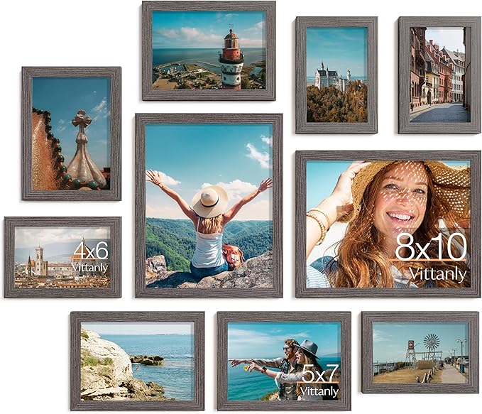 Vittanly Picture Frames Set of 10, Picture Frames Collage Wall Decor with Two 8x10, Four 5x7 and Four 4x6 Photo Frames, Gallery Wall Frame Set for Wall or Tabletop Display, Rustic Grey