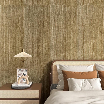 FunStick Brown Gold Grasscloth Peel and Stick Wallpaper Textured Grass Cloth Wall Paper Peel and Stick for Bathroom Bedroom Kitchen Vintage Gold Contact Paper for Cabinets Walls Waterproof 12"x200"