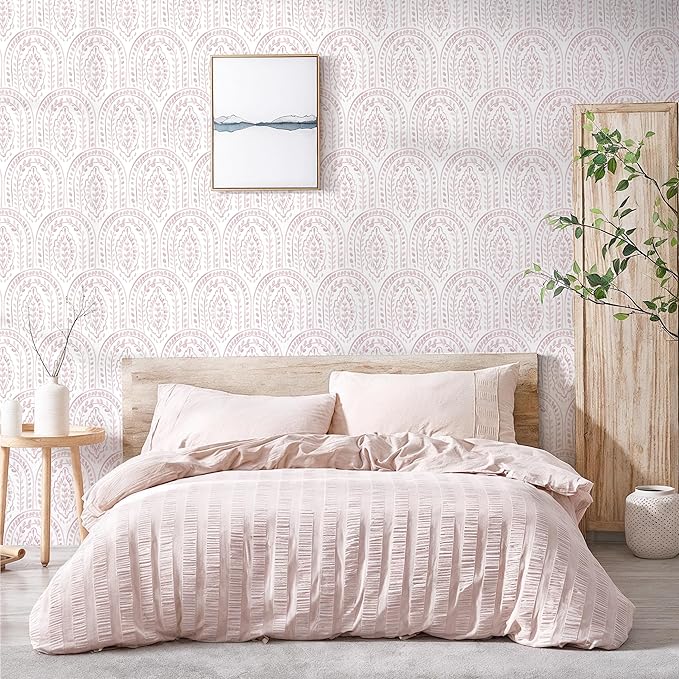 EeeComing Pink Peel and Stick Wallpaper Boho Wall Paper Peel and Stick Modern Contact Paper Self Adhesive Wallpaper for Bedroom and Bathroom Removable Cabinet Shelf Liner Vinyl 17.3”X197”