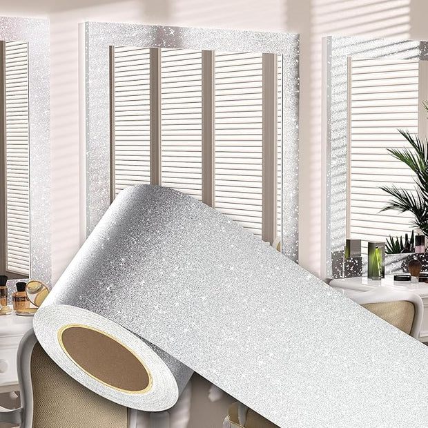 Peel and Stick Wallpaper Borders 390” x 4” Self Adhesive Mirror Frame Border Glitter DIY for Kitchen Bathroom Mirror Removal Border Sticker Wall Decor Cover 10.8 Sq.Ft, Sliver Glitter