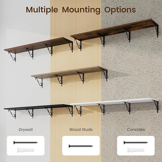 RICHFOCUS 12 Inch Deep Floating Shelves for Wall, 55" W x 12" D Wood Wall Shelves Set of 2, Wide Floating Shelves for Living Room, Bedroom, Kitchen, Bathroom and Decor Storage, Rustic Brown
