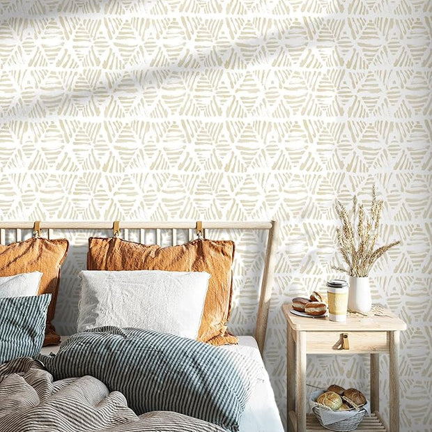 Peel and Stick Wallpaper Boho Wallpaper Geometric Beige and White Contact Paper Modern Striped Self-Adhesive Removable Wall Paper for Bedroom Cabinets Drawers Vinyl Roll 17.3" x 78.7"