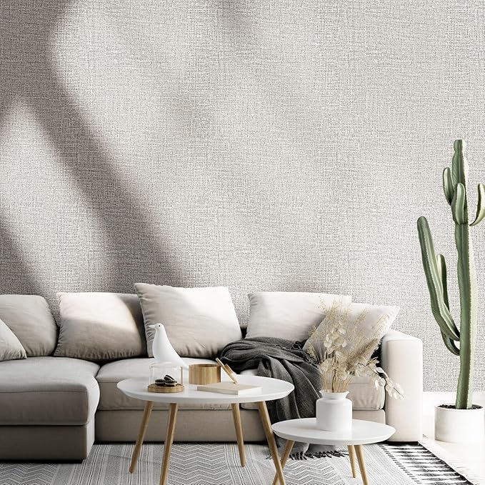 WADILE Grasscloth Peel and Stick Wallpaper 23.6in x 236in, Textured Contact Paper for Cabinets, Faux Linen Wall Paper Pull and Stick, Fabric Vinyl Wallpaper Self Adhesive Light Gray