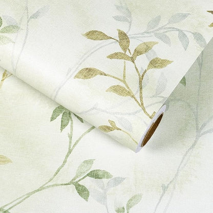 VaryStyle 17.7"x393" Vintage Leaf Branches Wallpaper Light Green/Yellow Foggy Tree Twigs Forest Peel and Stick Wallpaper for Kitchen Removable Waterproof Sticky Retro Contact Paper for Drawers Shelves
