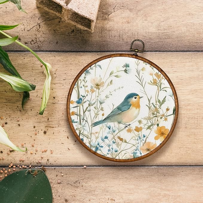 KSDUT Retro Aesthetic Floral Bird Wall Art Decor - Botanical Neutral Mid Century Modern Wall Art Canvas Frame Hanging Prints, Vintage Landscape Round Wall Art Decor for Home Decorations 10"x10"