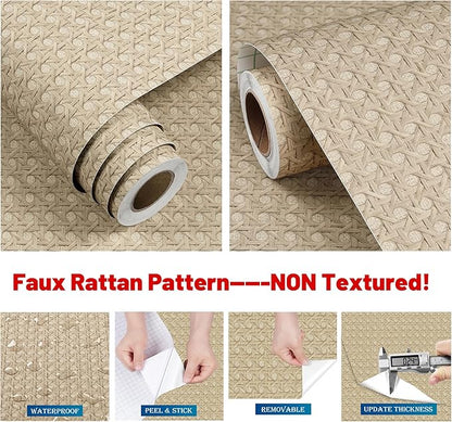 FunStick Tan Brown Rattan Wallpaper Peel and Stick Cane Webbing Wicker Weave Beige Rattan Contact Paper for Furniture Cabinets Waterproof Boho Faux Textured Wall Paper Self Adhesive Burlap Fabric Roll