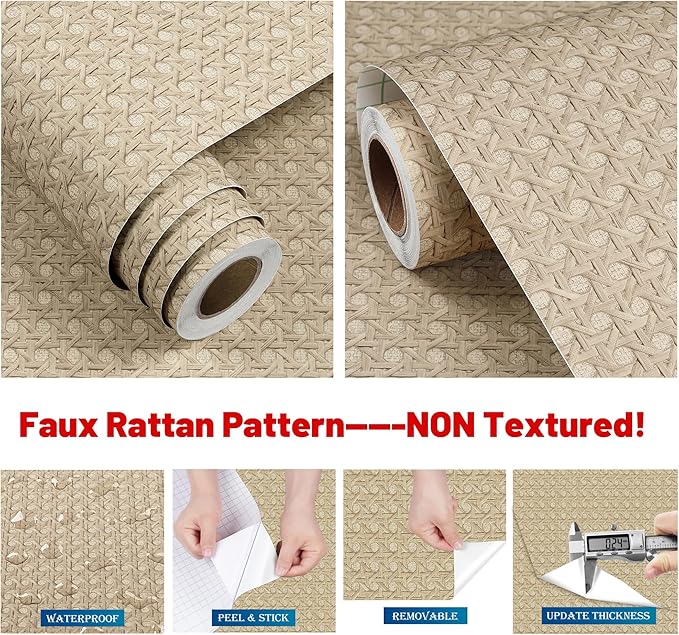 FunStick Tan Brown Rattan Wallpaper Peel and Stick Cane Webbing Wicker Weave Beige Rattan Contact Paper for Furniture Cabinets Waterproof Boho Faux Textured Wall Paper Self Adhesive Burlap Fabric Roll