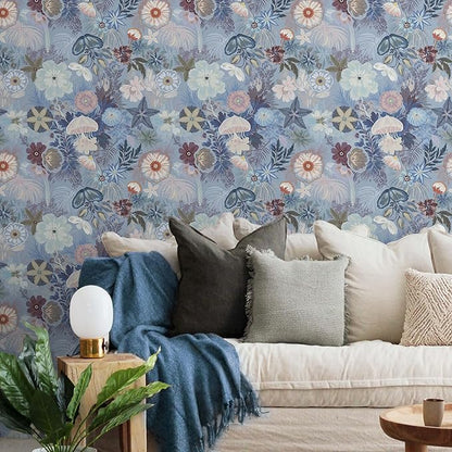 Ismoon Floral Peel and Stick Wallpaper Vintage Blue Contact Paper Jellyfish Ocean Stick on Wall Paper Removable Self Adhesive Vinyl Wallpaper for Bedroom Wall Decor Cabinet Refurbishment 17.3x78.7in