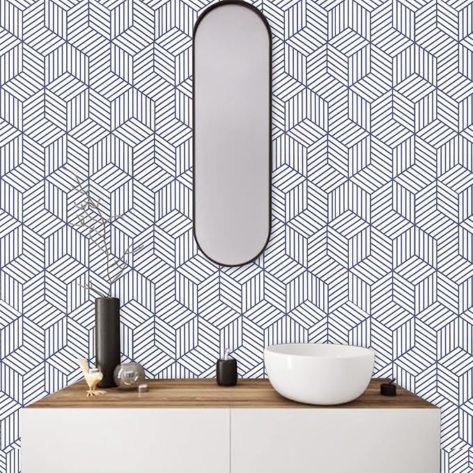 WENMER 17.7" x 1181" Geometric Hexagon Peel and Stick Wallpaper - Blue and White Removable Self Adhesive Vinyl Film for Home Use