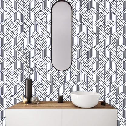 WENMER 17.7" x 1181" Geometric Hexagon Peel and Stick Wallpaper - Blue and White Removable Self Adhesive Vinyl Film for Home Use