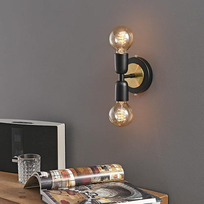BRIGHTTIA Luna Duo 2 Light Wall Sconce - Mid Century Modern Fixture for Wall & Ceiling - Minimalist Edison Lamp for Hallway and Bathroom Vanity - Black & Gold (BW0026-2BG)