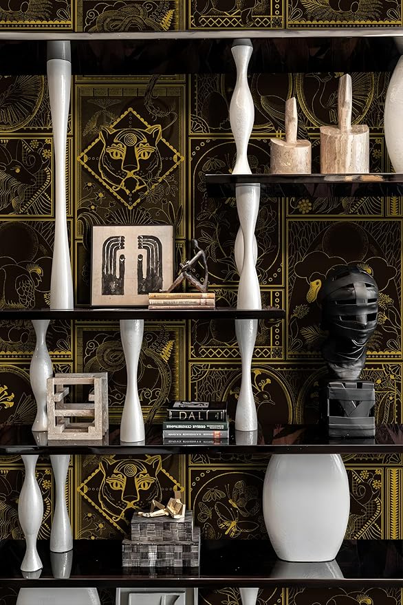 Black and Gold Wallpaper Peel and Stick Vintage Wall Paper Removable Waterproof Animal Print Contact Paper for Bedroom, Bathroom, Home Wall 17.3" x 118"
