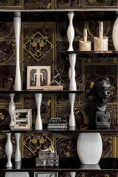 Black and Gold Wallpaper Peel and Stick Vintage Wall Paper Removable Waterproof Animal Print Contact Paper for Bedroom, Bathroom, Home Wall 17.3" x 118"