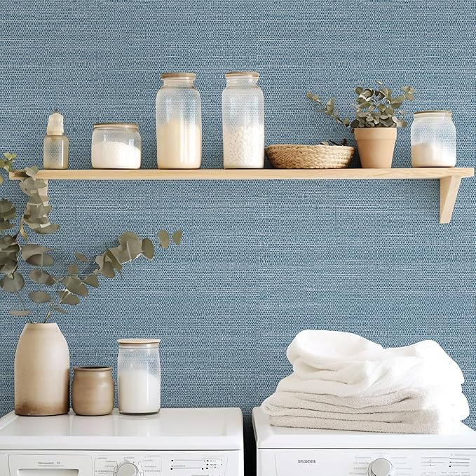 JiffDiff Grasscloth Wallpaper Peel and Stick Blue Grassweave Stick on Wallpaper Textured Self Adhesive Wall Paper Contact Paper 787