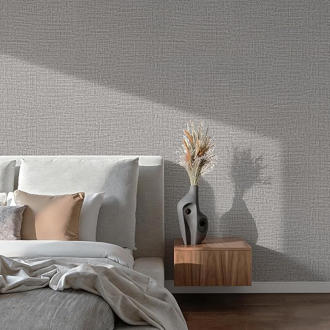 Guvana Grasscloth Peel and Stick Wallpaper Grey Textured Contact Paper Modern Removable Self Adhesive Wall Paper Thicken Fabric Faux Linen Wallpaper for Bathroom Living Room Cabinets 472inx15.7in