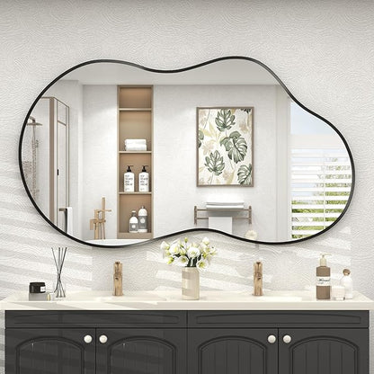 48x27 Black Irregular Wall Mirror, Black Matte Asymmetrical Bathroom Mirror, Decorative Aluminum Frame for Bathroom Bedroom Entryway, Shatterproof, Anti-Rust (Horizontally/Vertically)