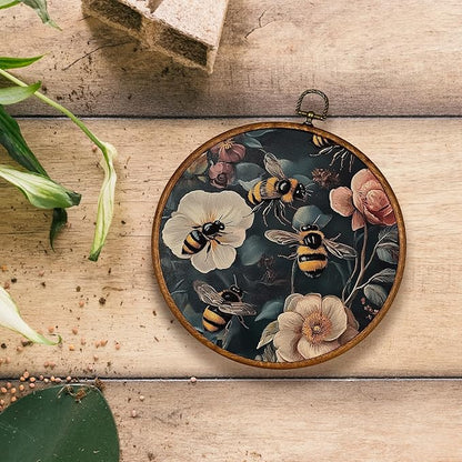 KSDUT Retro Aesthetic Floral Dark Wall Art Decor - Botanical Neutral Mid Century Modern Wall Art Canvas Frame Hanging Prints, Vintage Landscape Round Wall Art Decor for Home Decorations 10"x10"